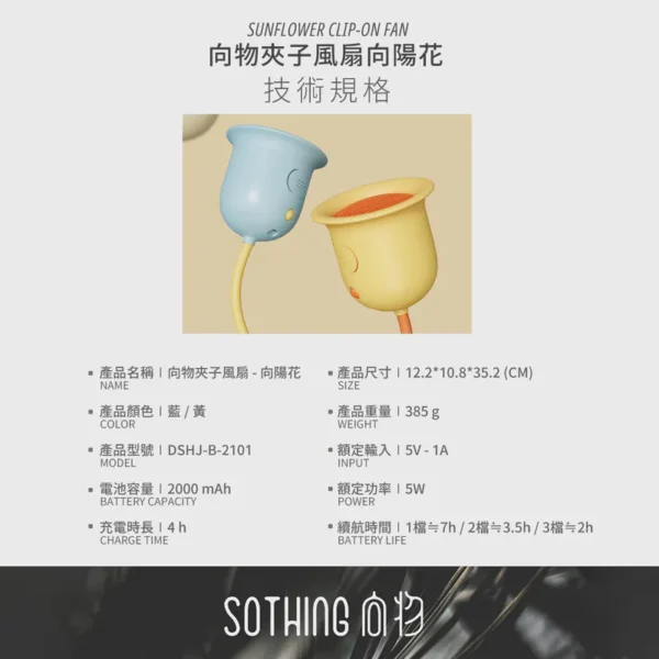 SOTHING 向物無線靜音夾子向陽花風扇｜藍／黃：圖片 4